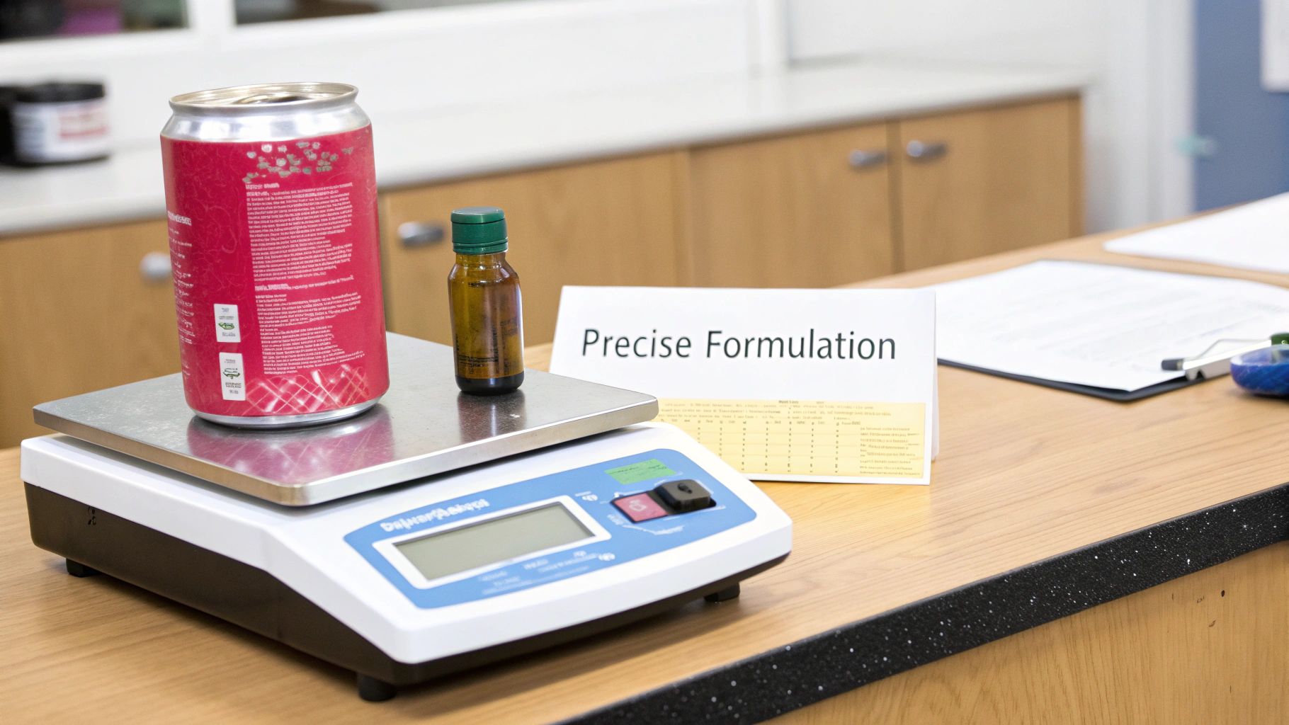 A red soda can and a small brown bottle sit on a digital scale next to a "Precise Formulation" sign.