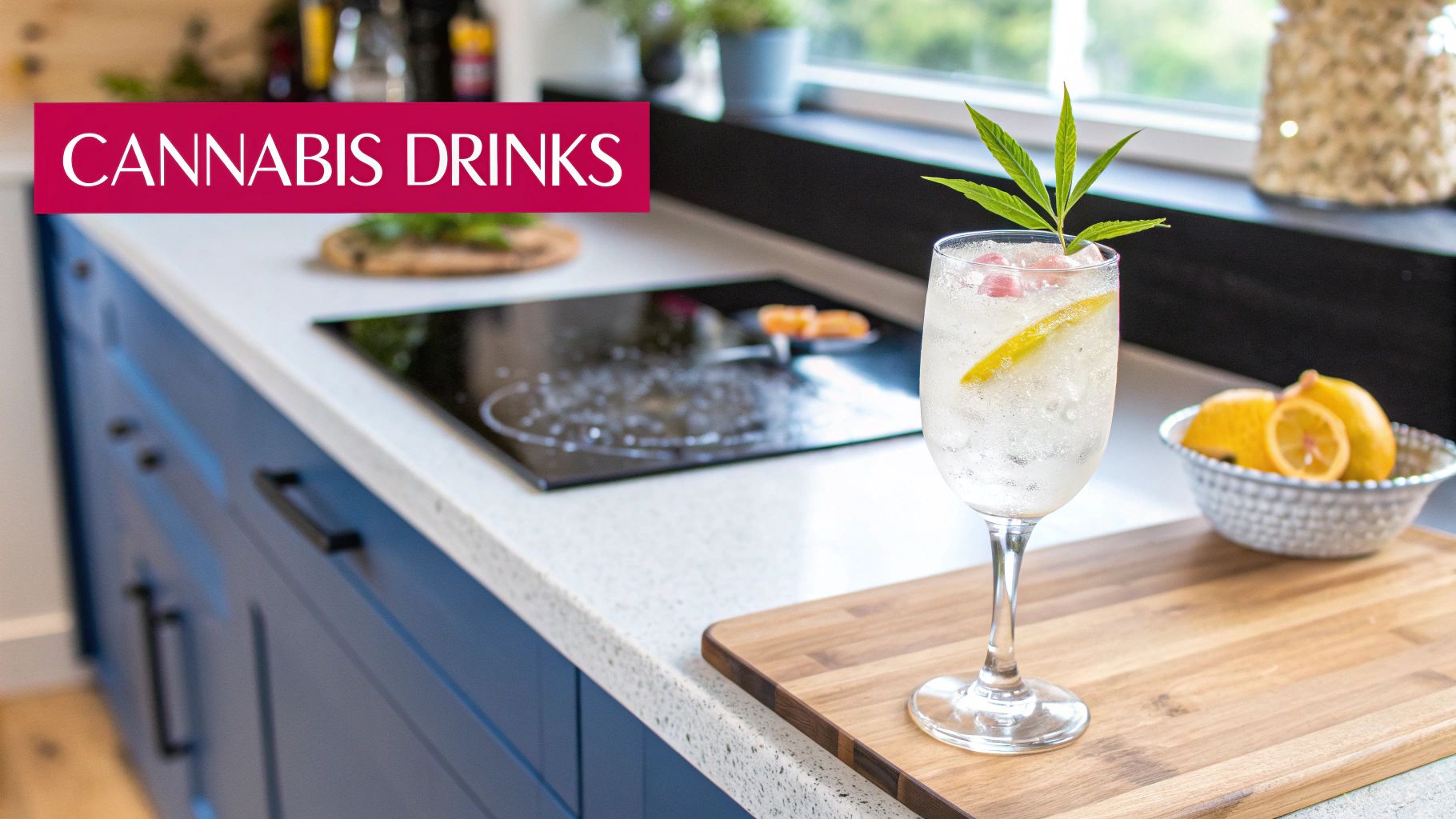 A refreshing cannabis-infused drink with a lemon slice and cannabis leaf garnish on a kitchen counter.