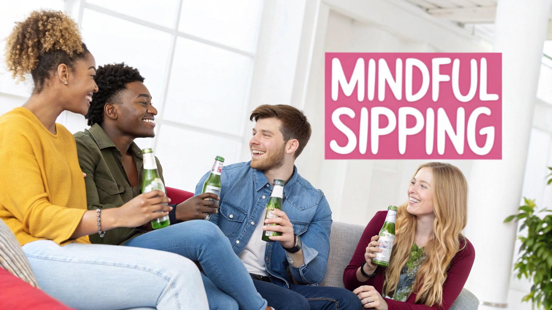 Four diverse young adults smiling, holding green bottles, and socializing on a sofa with "MINDFUL SIPPING" text.