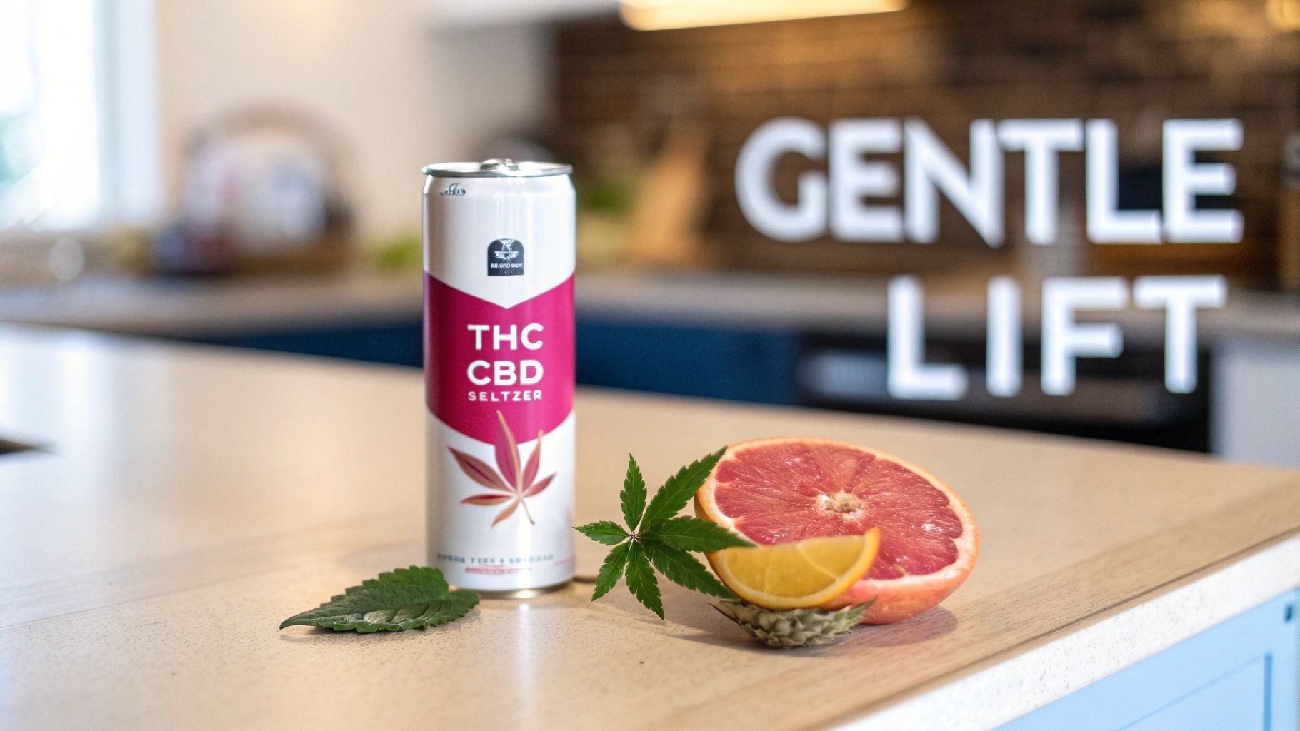 A THC CBD seltzer can with cannabis leaves, grapefruit, and orange, suggesting natural flavors.