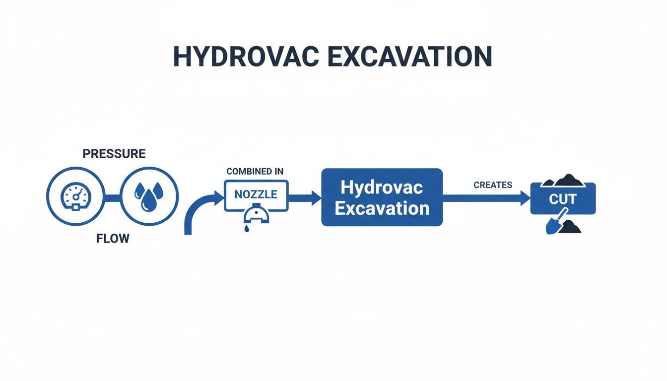 A diagram illustrating the hydrovac excavation process, combining water pressure and flow in a nozzle to create a cut.