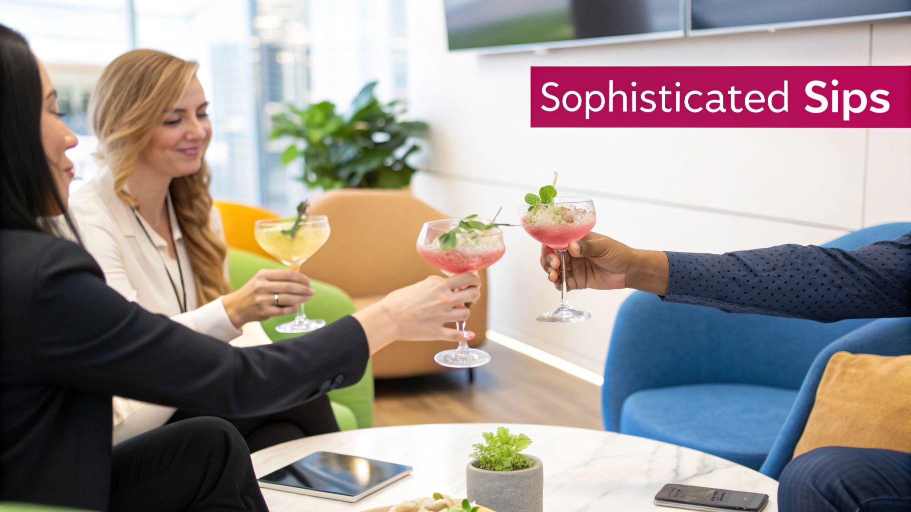 Three professionals toast with colorful, sophisticated cocktails in a modern lounge setting.