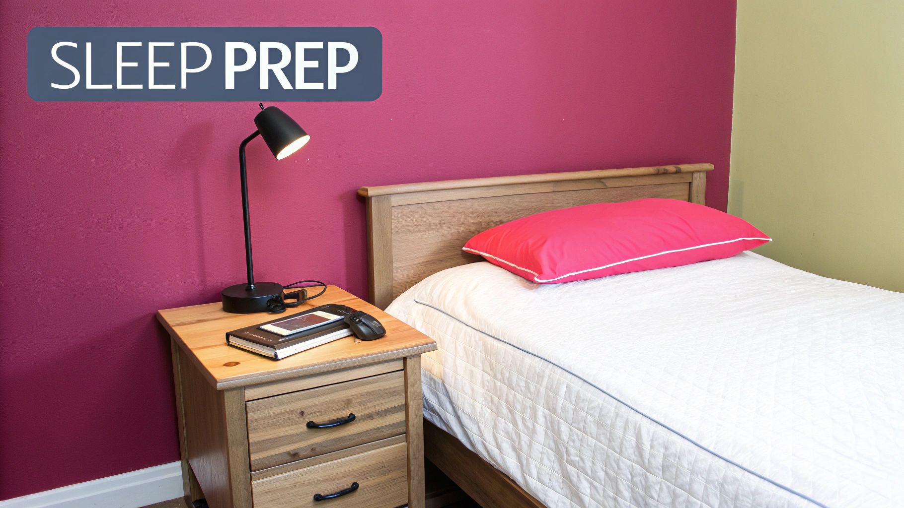 A cozy bedroom with a wooden bed and nightstand, featuring a bright pink pillow and 'SLEEP PREP' text.