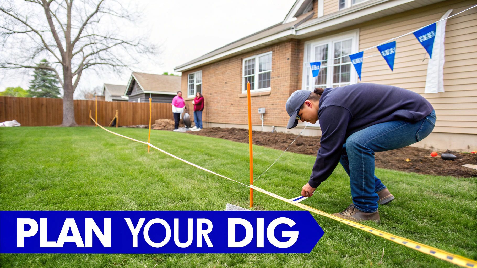 A person measures a layout in a grassy backyard with a measuring tape, planning a landscaping project.