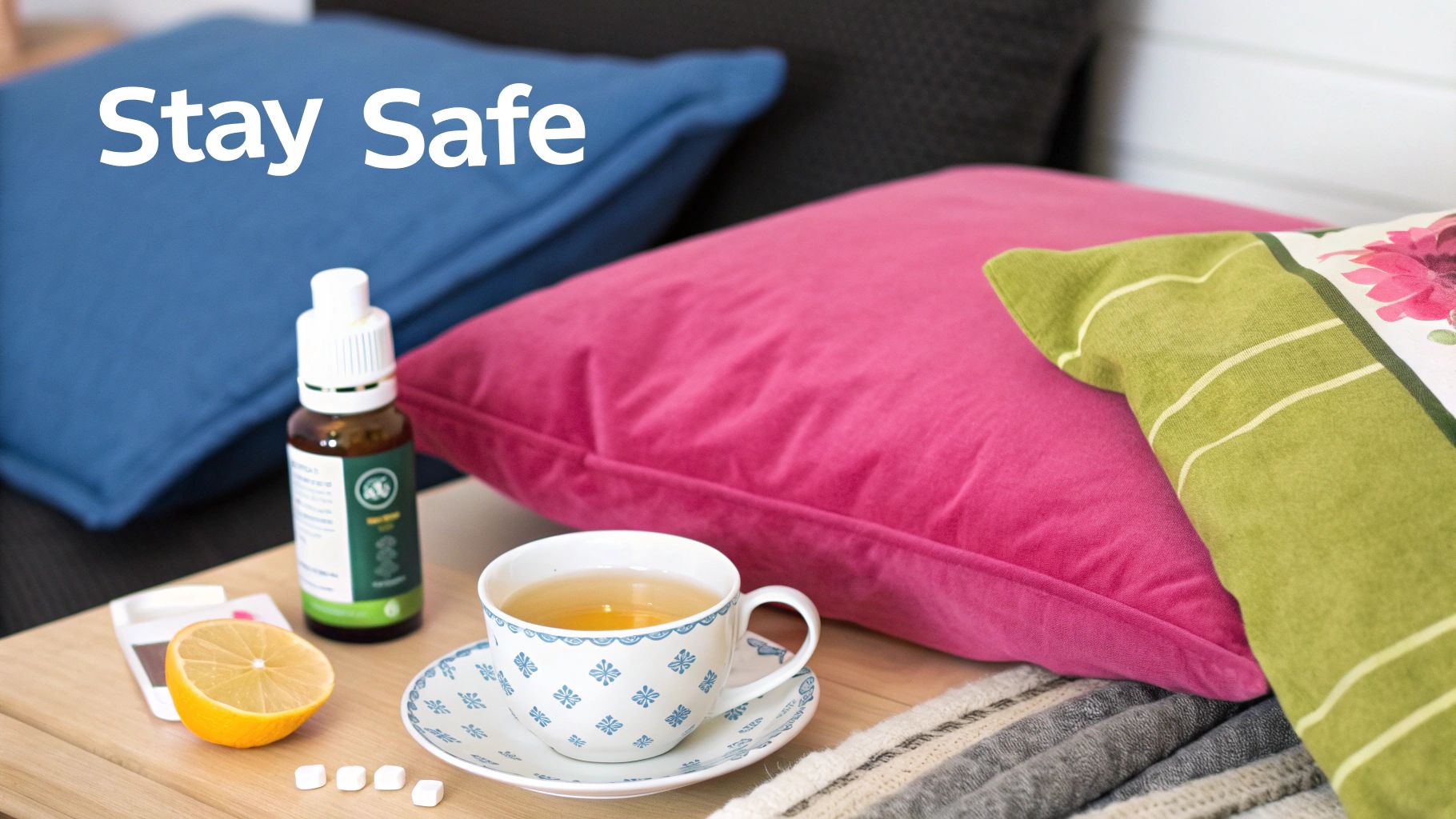 A cozy scene with tea, lemon, and a dropper bottle, promoting safety and well-being.