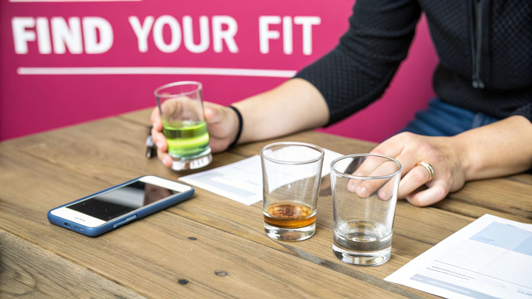 A person holds a green shot glass at a wooden table with other glasses and papers.