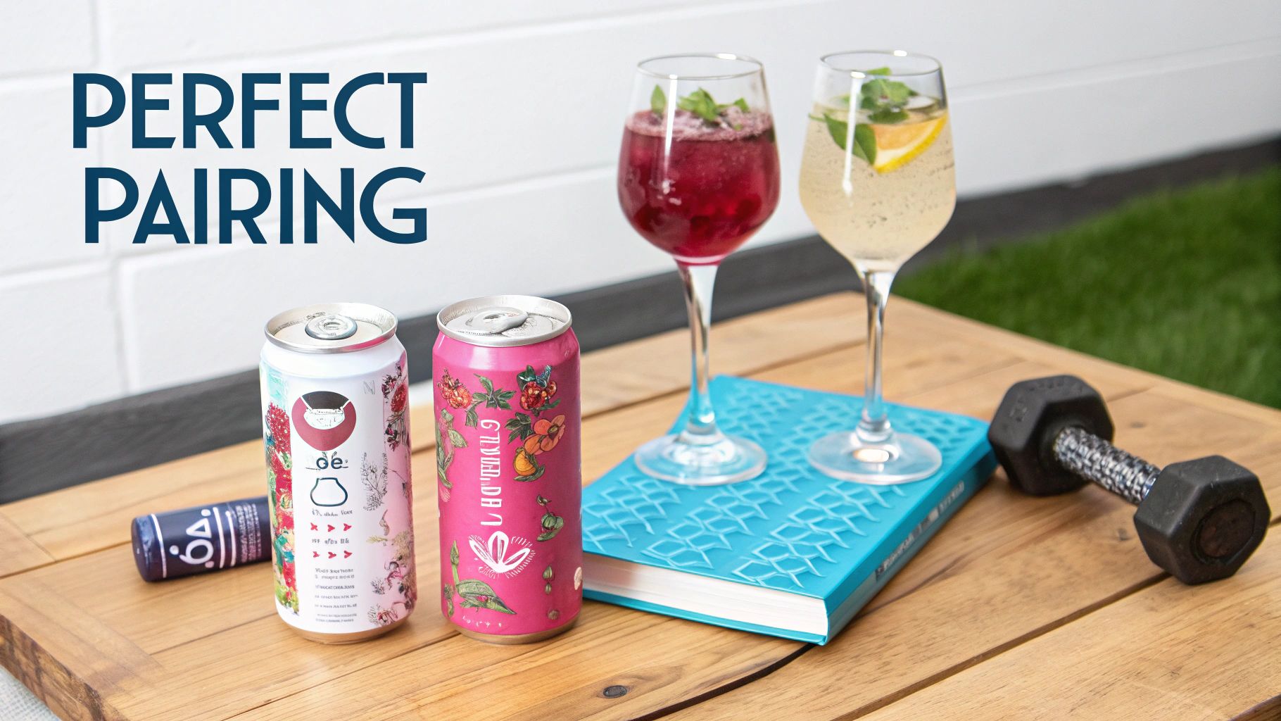Refreshing canned drinks, elegant cocktails, a book, and a dumbbell on a rustic wooden table.