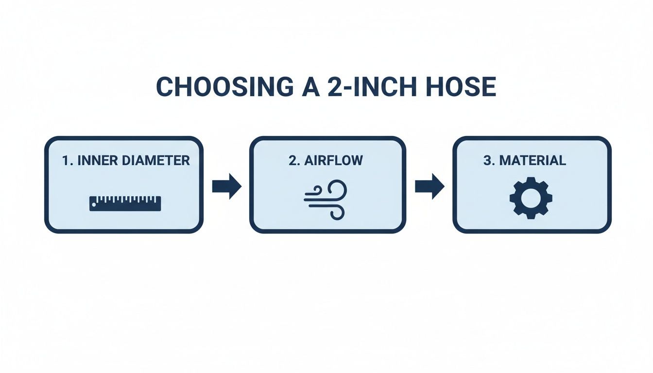 A flowchart illustrates three key factors for choosing a 2-inch hose: inner diameter, airflow, and material.
