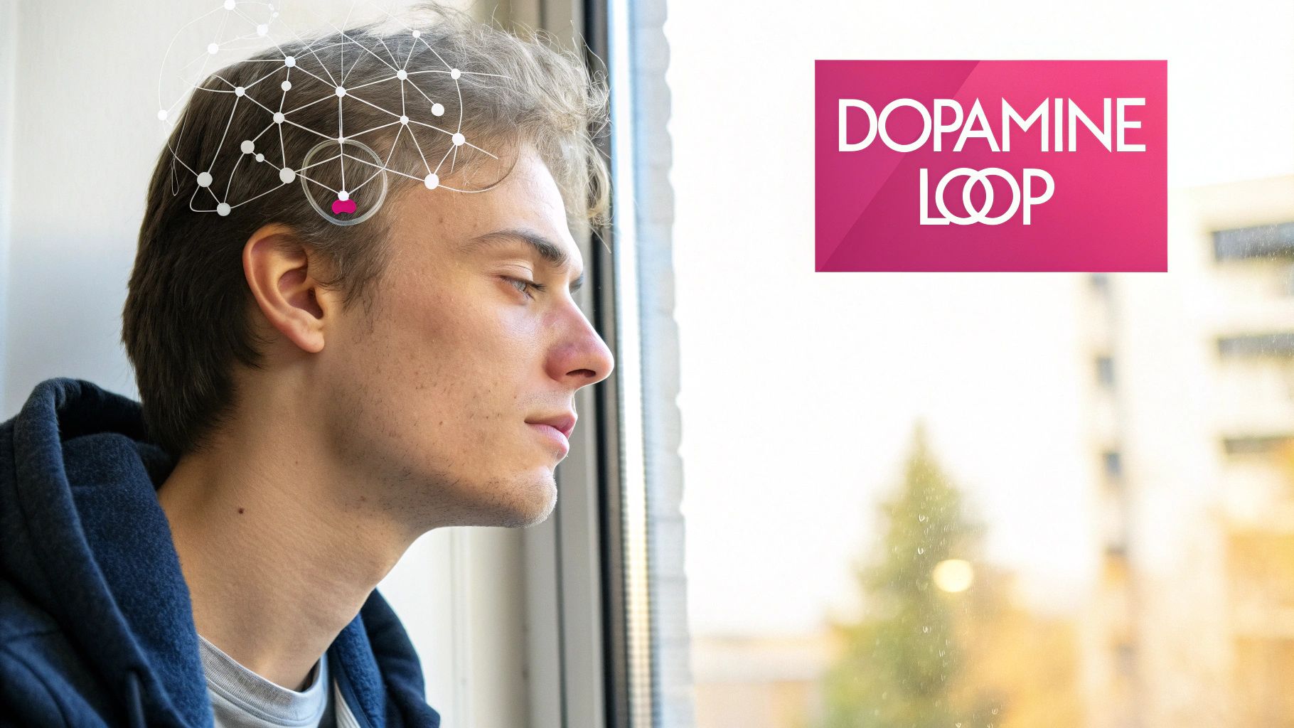 A young man looking out a window with a brain network overlay and 'DOPAMINE LOOP' text.