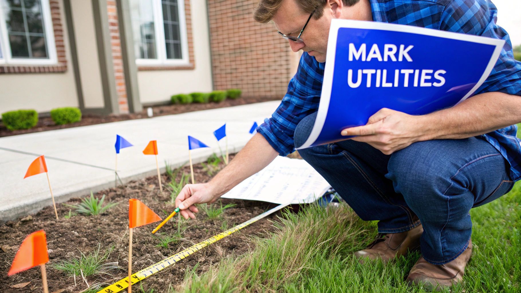 A man marking underground utilities with small flags, a measuring tape, and a pencil on a residential property.