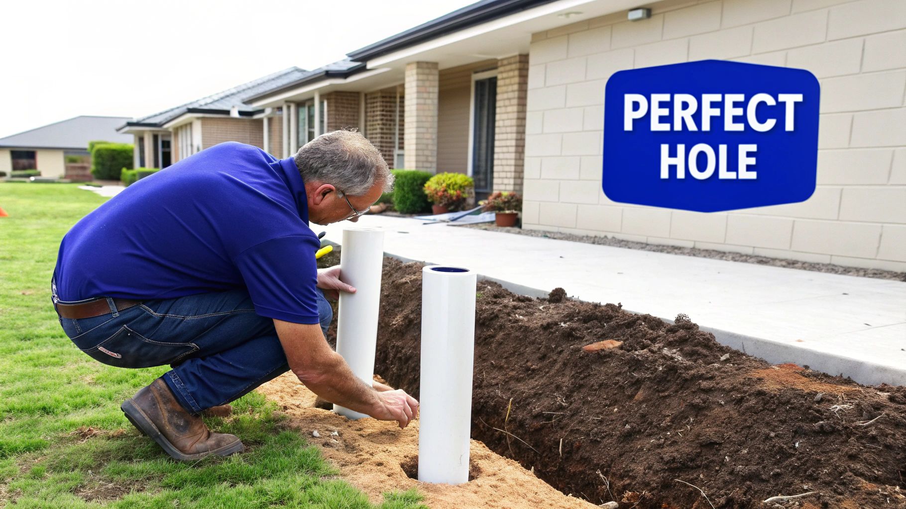 A man in blue shirt installing white pipes into holes in the ground next to a house, with a 'PERFECT HOLE' sign.