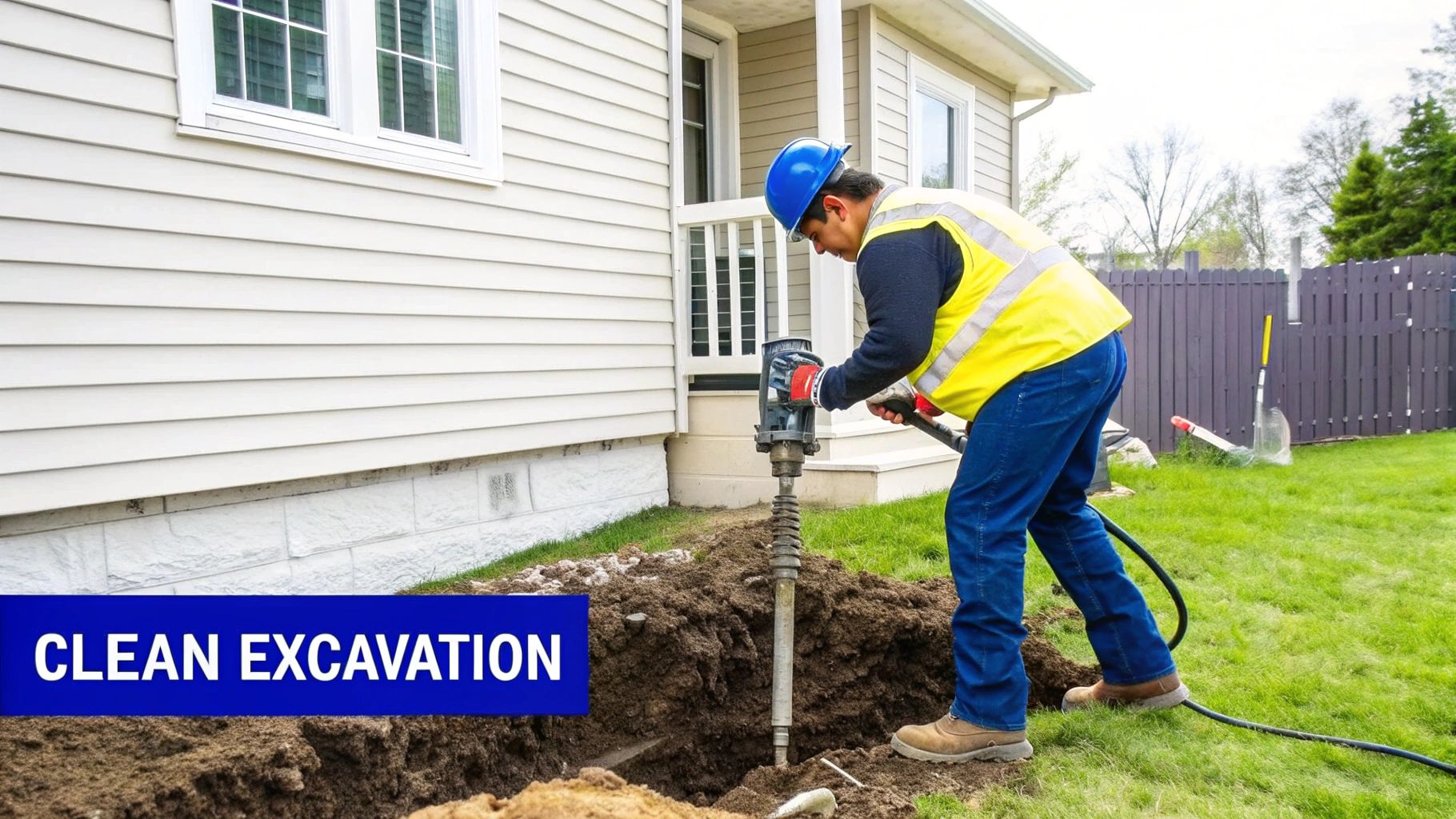 Worker in hard hat operating hydro excavation equipment next to a house for clean soil removal.
