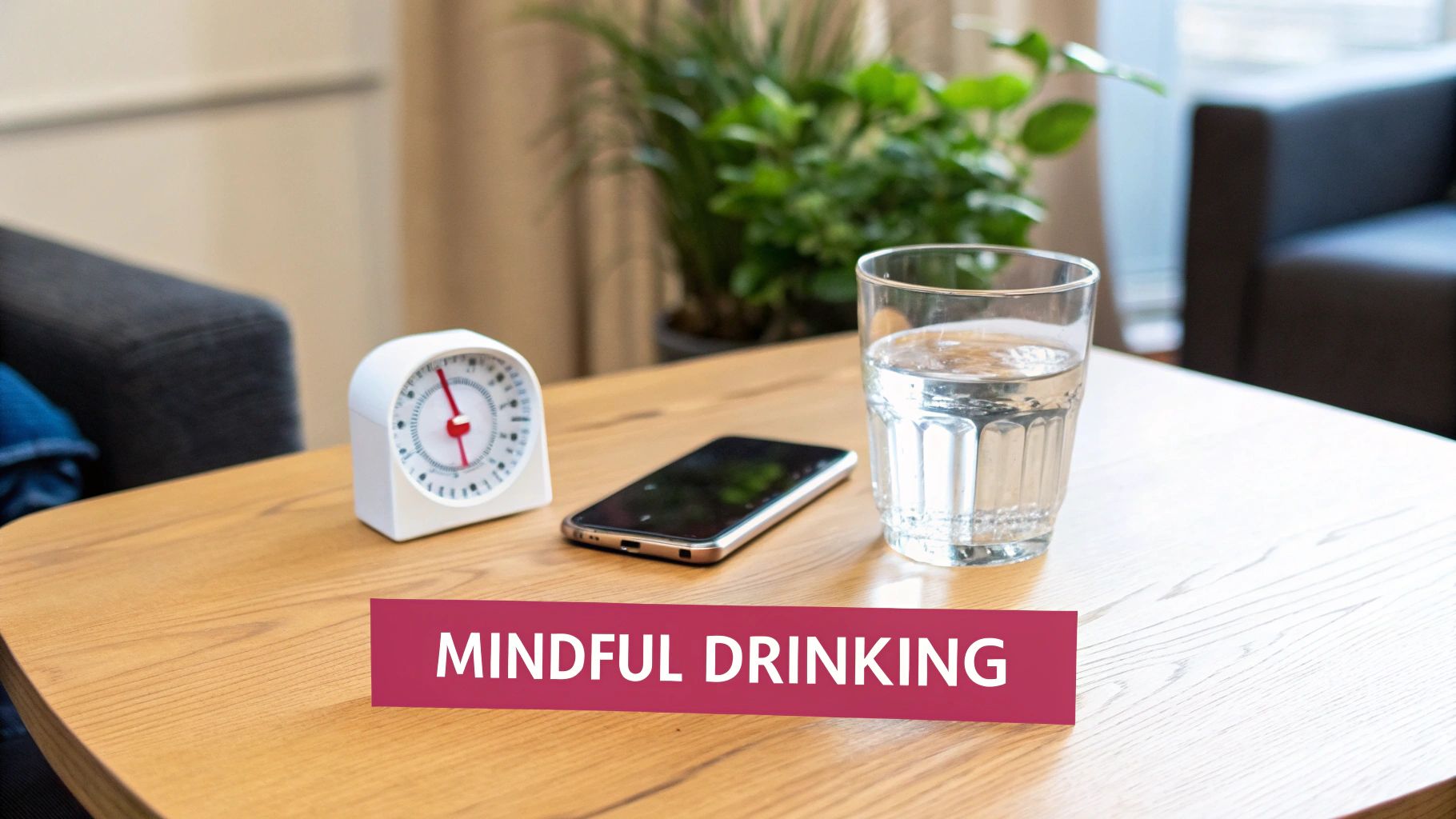 "MINDFUL DRINKING" text on a banner, with a timer, phone, and glass of water on a wooden table.