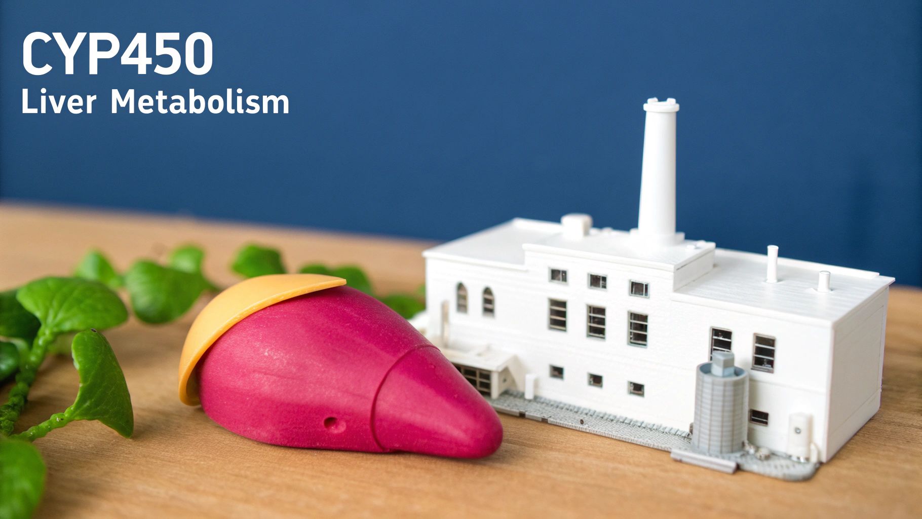 A model of a liver and a factory building representing CYP450 liver metabolism.