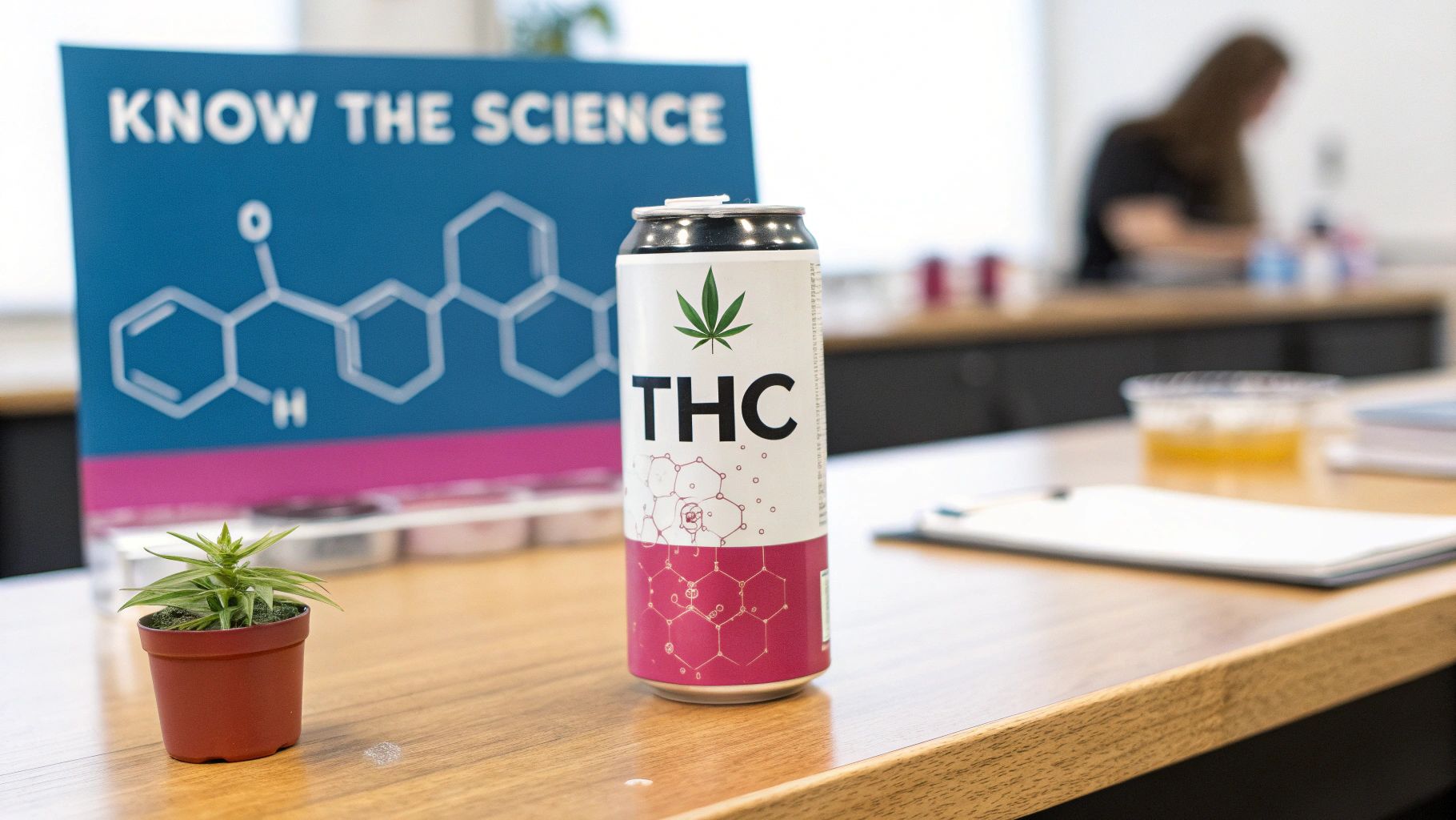 A white THC beverage can, a small potted cannabis plant, and a 'Know the Science' display.