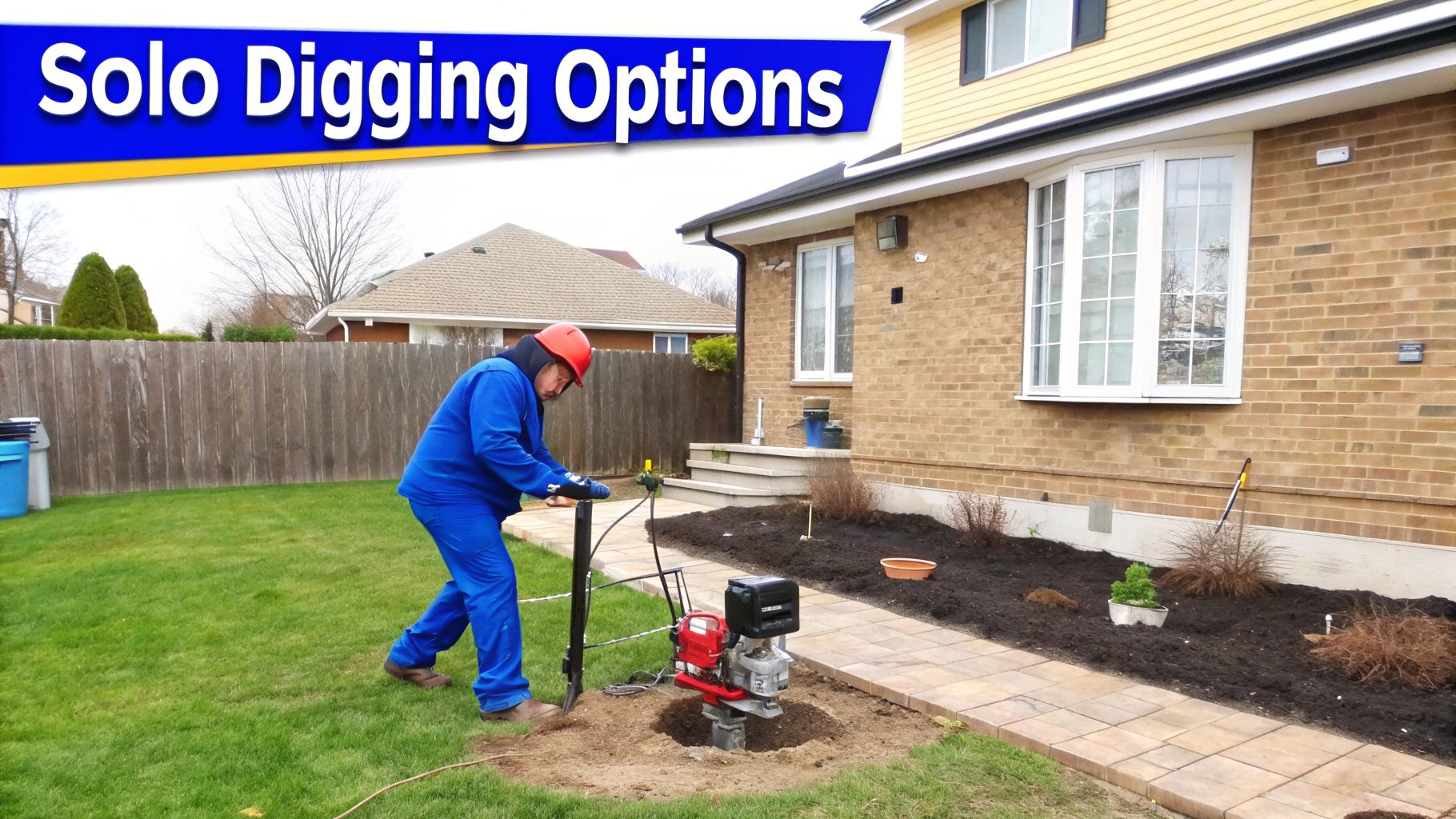 A man in blue operates a gas-powered post-hole auger to dig in a residential backyard.