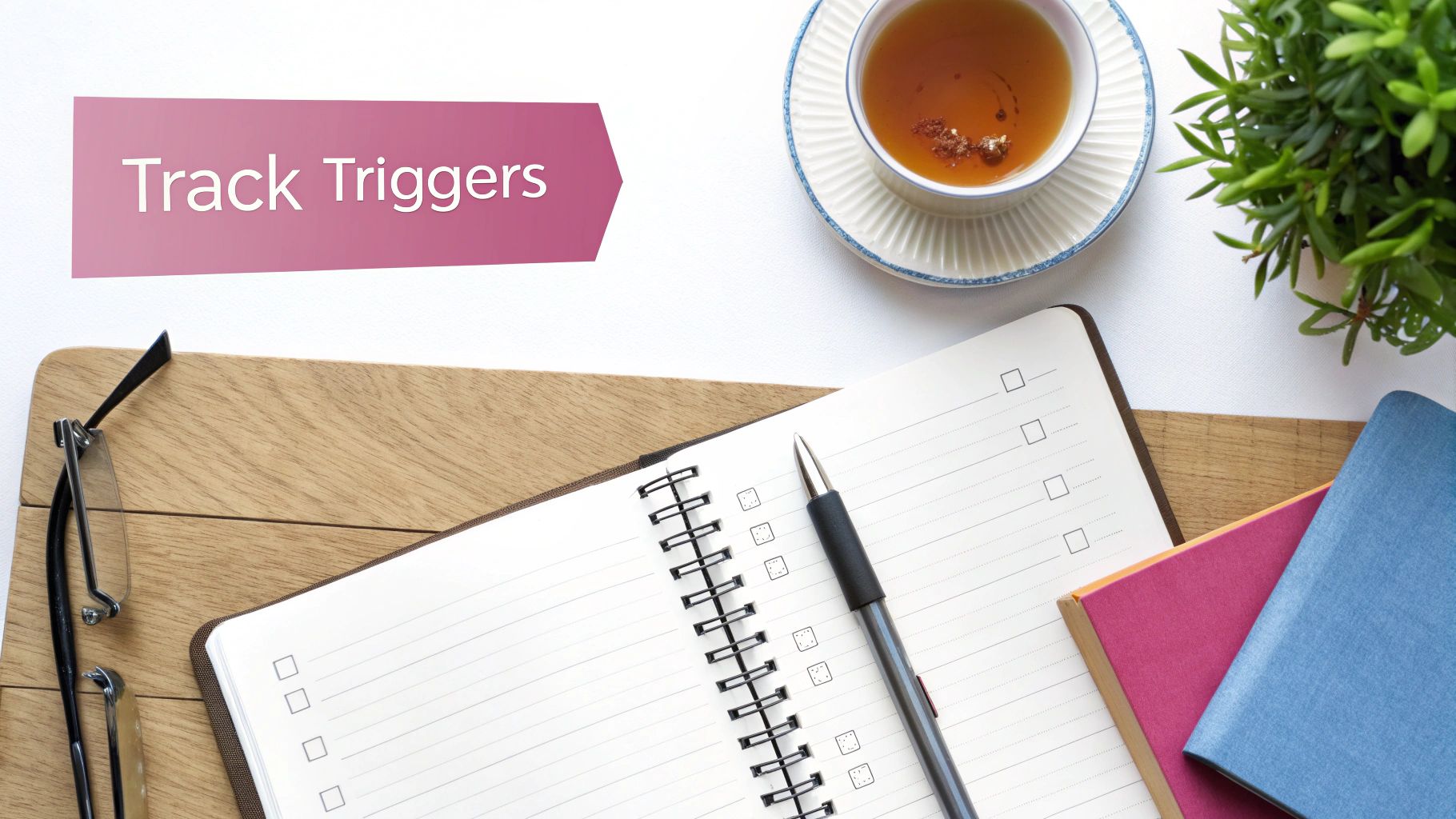 A flat lay desk with a notebook, pen, glasses, tea, plant, and books, featuring a 'Track Triggers' banner.