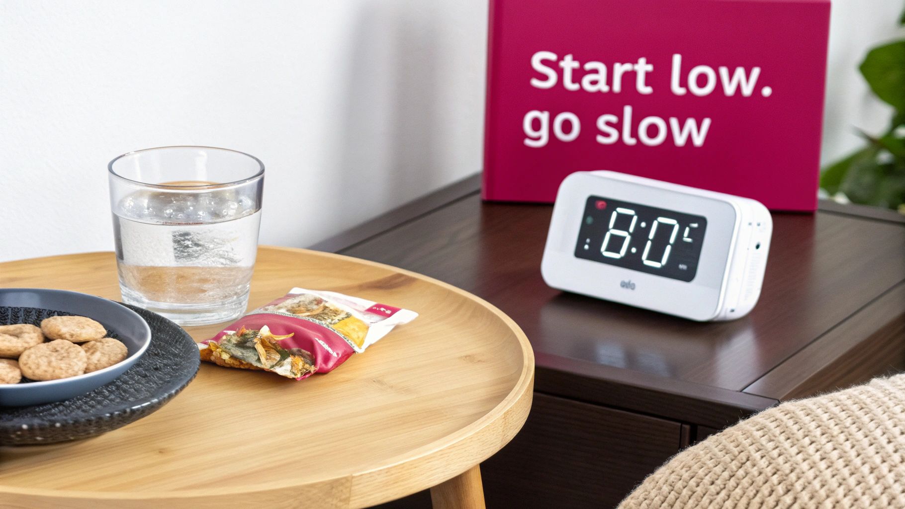 A bedside scene with a glass of water, cookies, and an alarm clock set to 8:07.