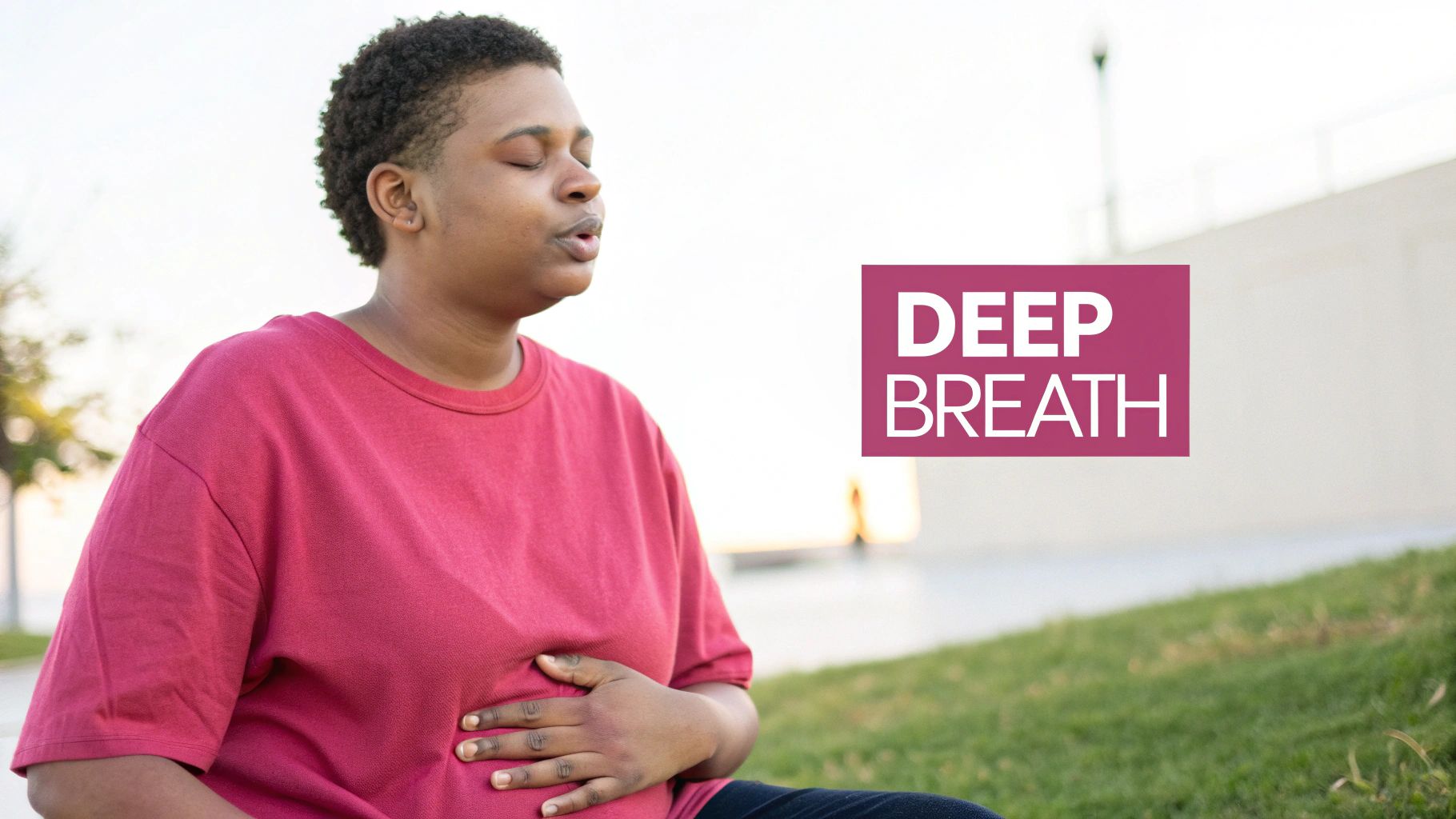 A person with closed eyes practices deep breathing, hands on their stomach, sitting on green grass.