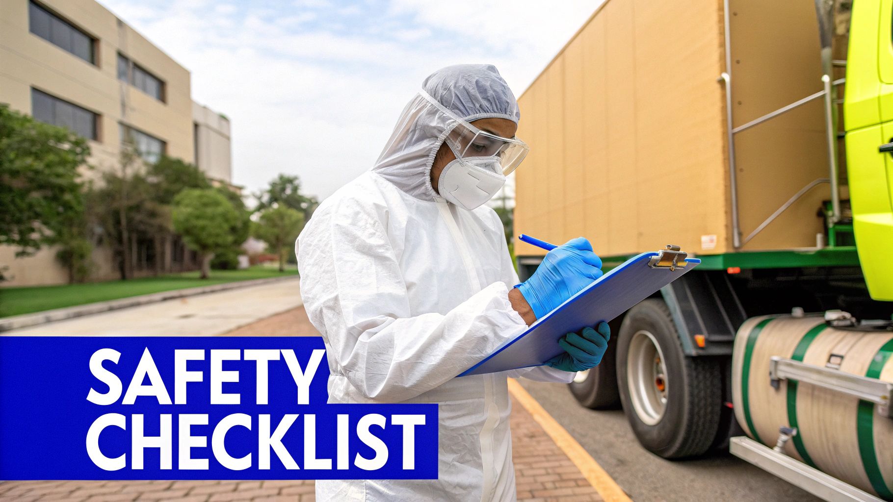 A crew member performing a safety check on a Vac Con truck.