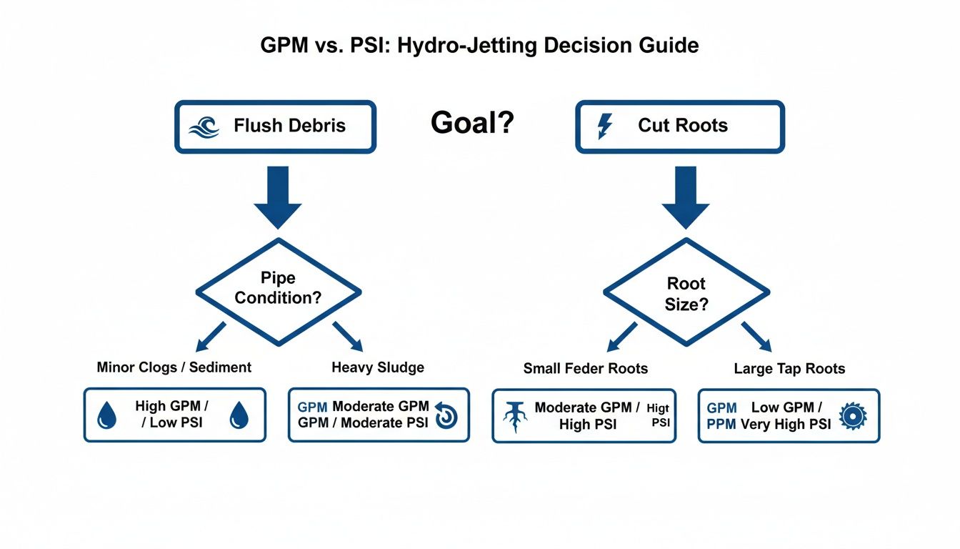 Hydro-jetting decision guide flowchart comparing GPM vs. PSI for flushing debris or cutting roots.