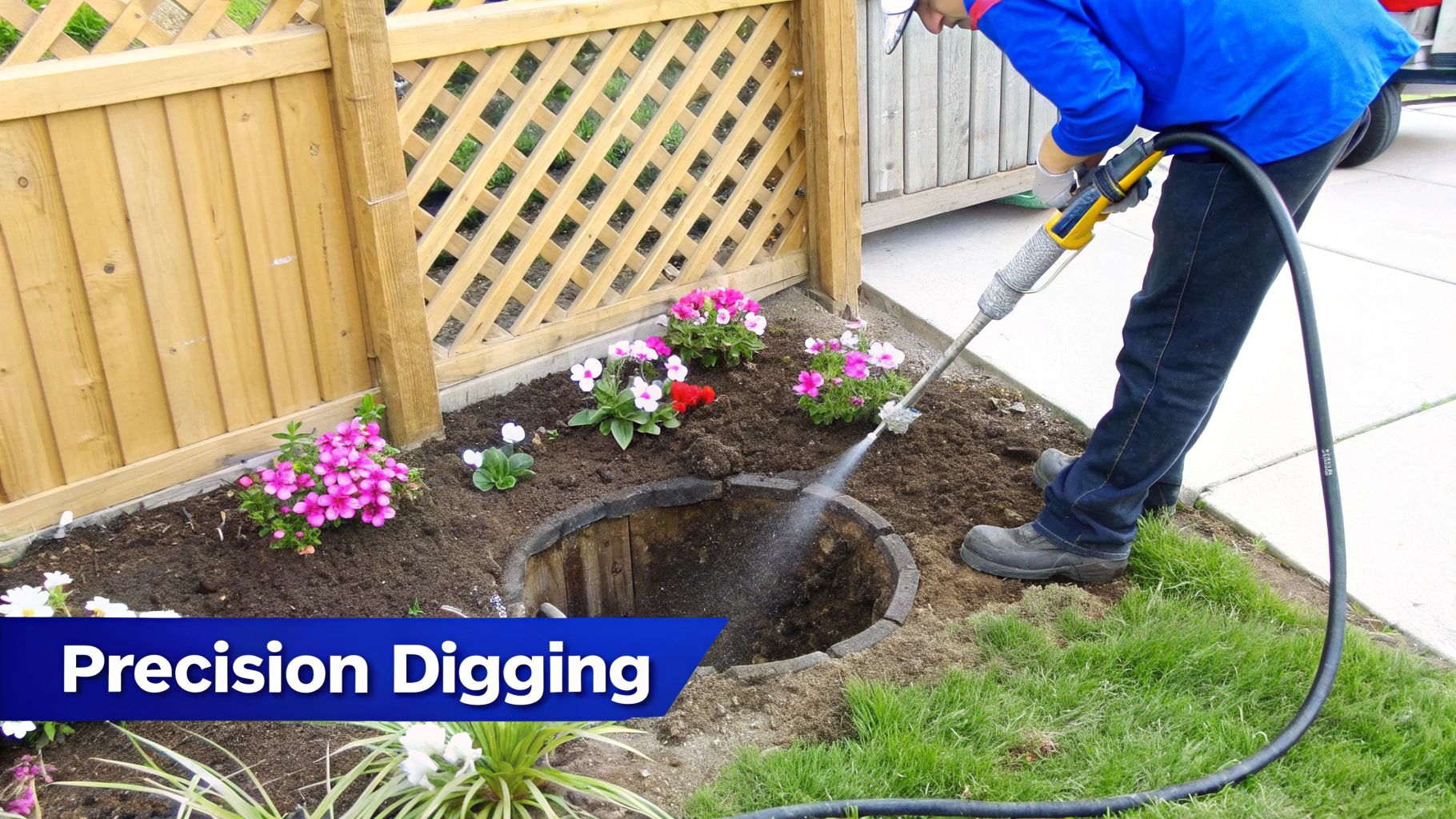 A person uses a high-pressure water jetting tool for precision digging in a garden next to a fence.