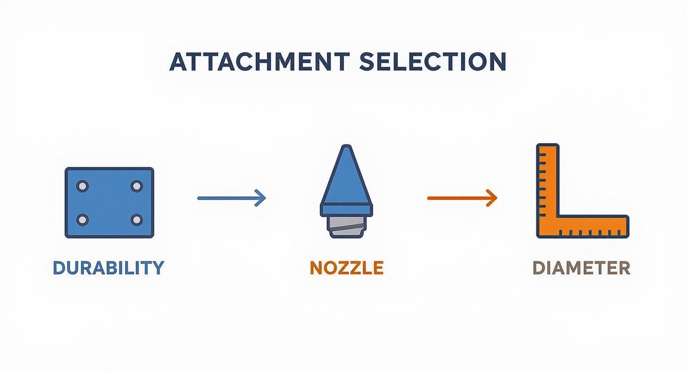 Diagram showing attachment selection process from durability to nozzle to diameter for shop vac hoses