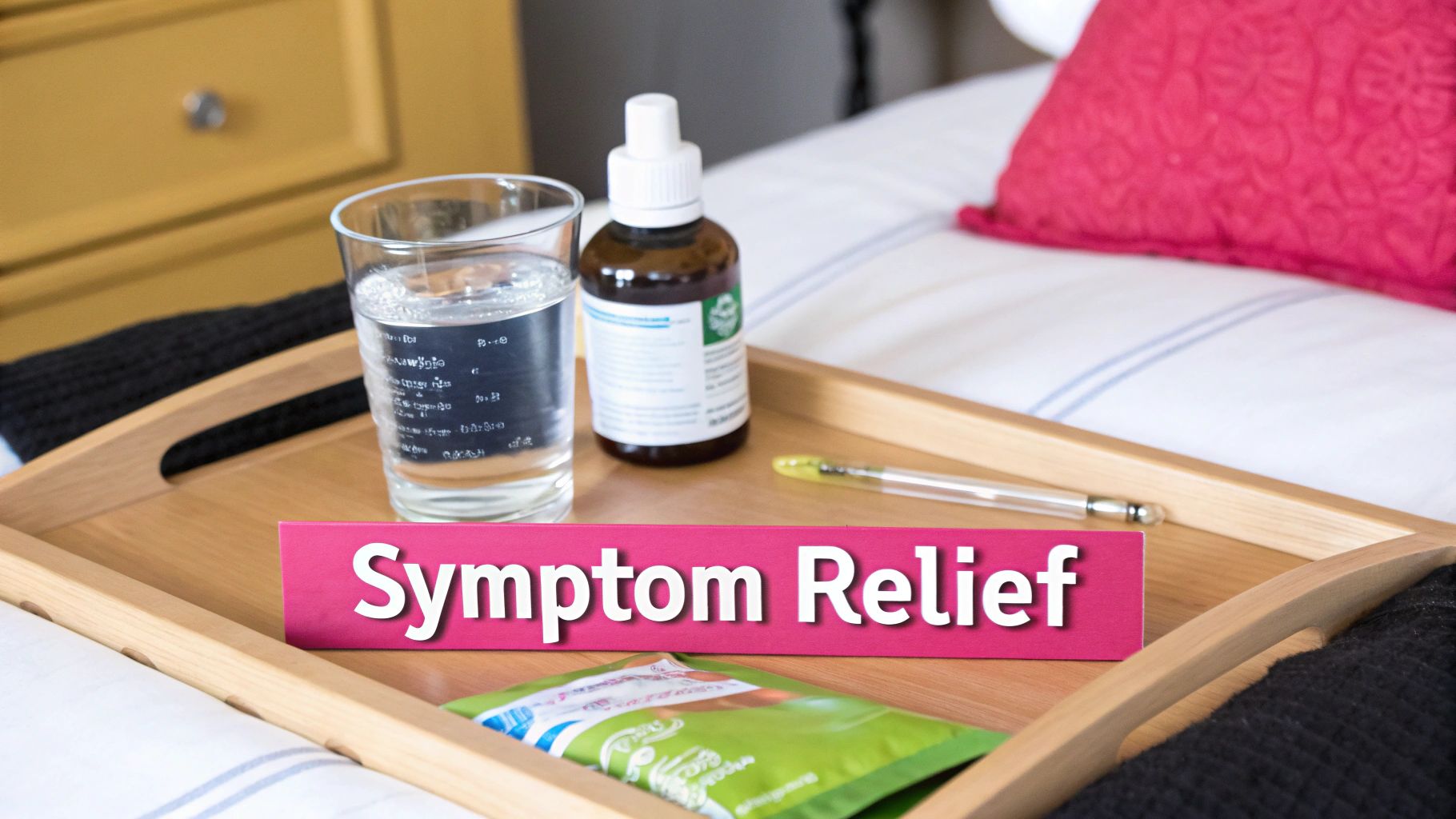 A wooden tray on a bed with water, medicine, a pen, and a 'Symptom Relief' sign.