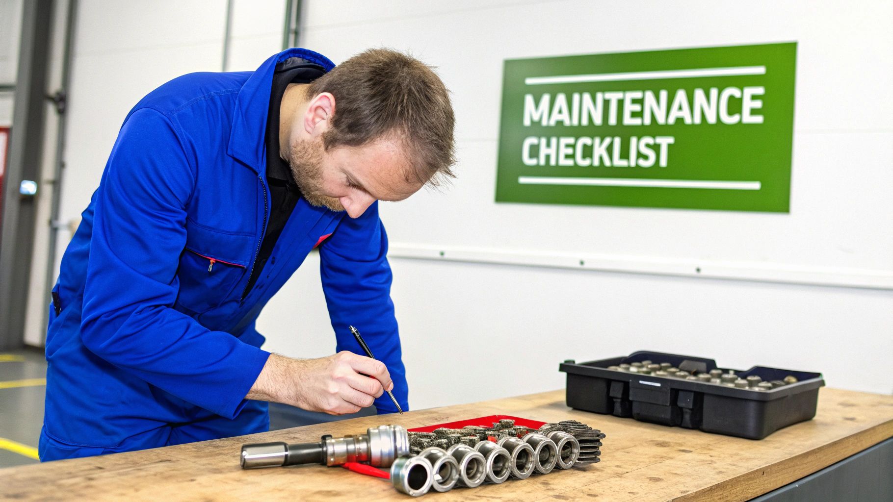 A technician in blue overalls examines mechanical components on a workbench under a maintenance checklist sign.