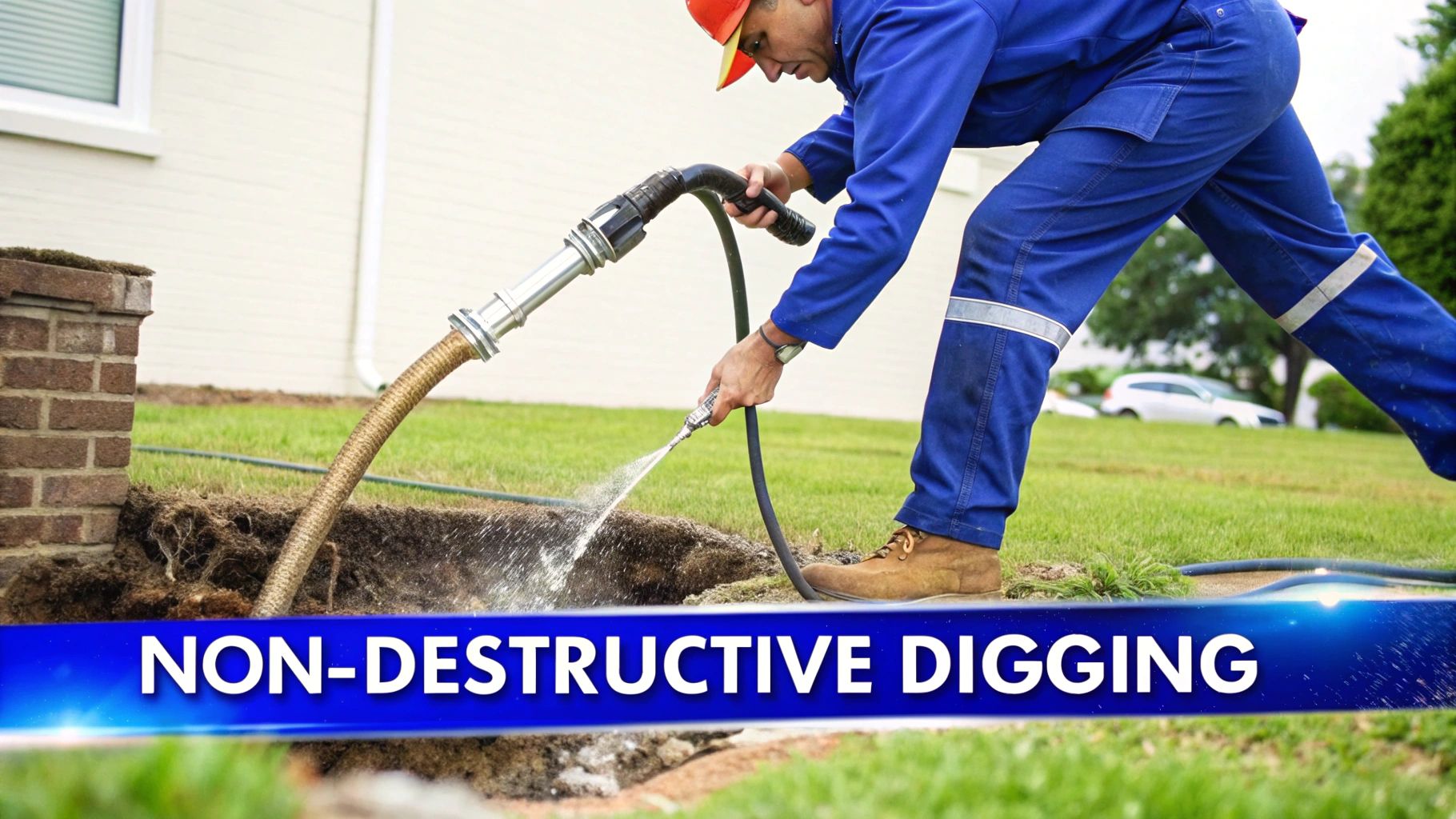 Professional worker using hydro excavation equipment for non-destructive digging near residential foundation