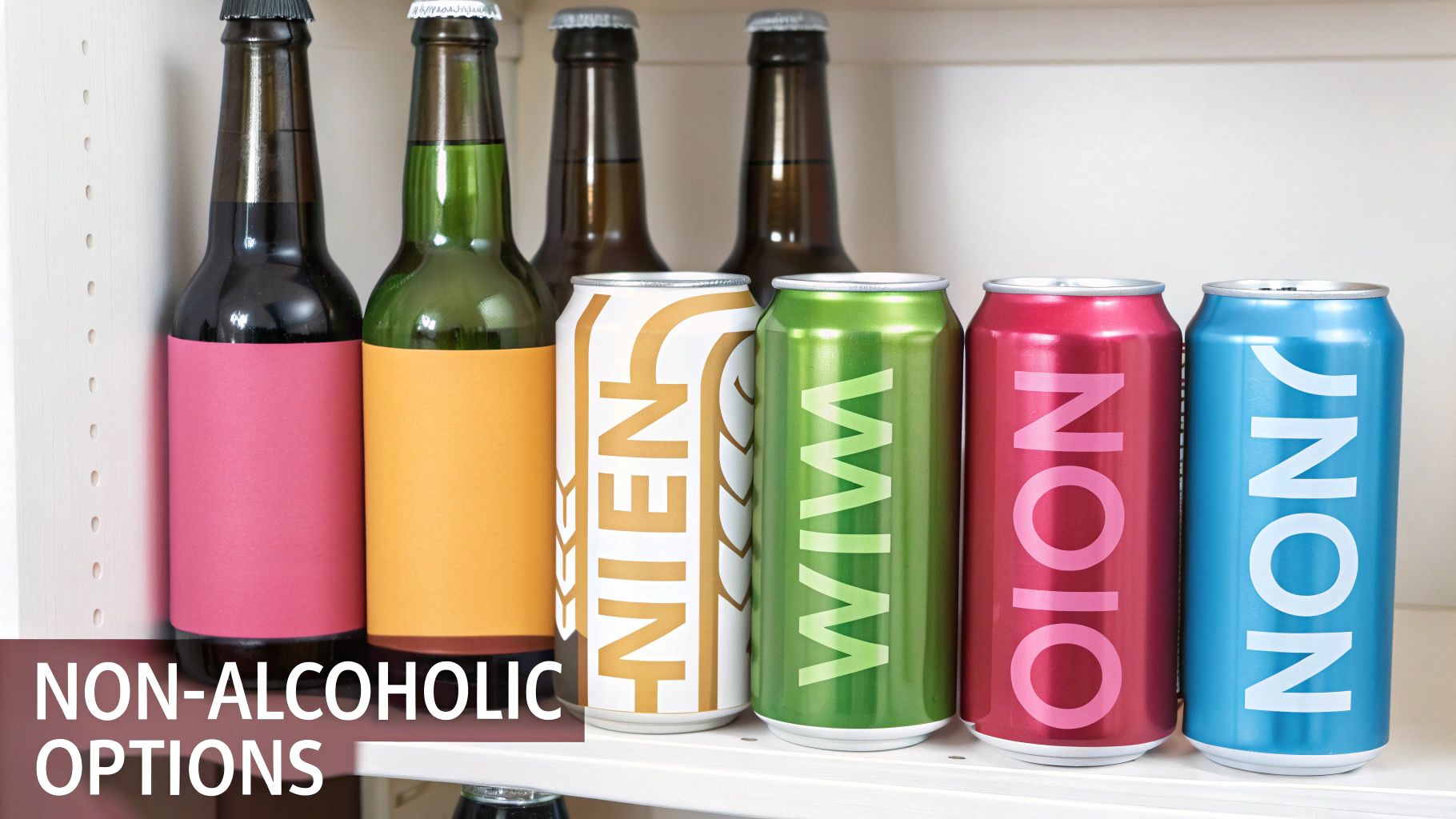 A shelf displaying various non-alcoholic drink options, including bottles and colorful cans.
