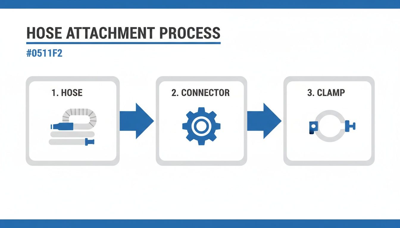 Infographic showing a three-step hose attachment process: hose, connector, and clamp with arrows.