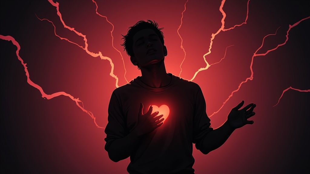 a silhouette of a man with his hand on his chest in front of red lightning and his heart glowing