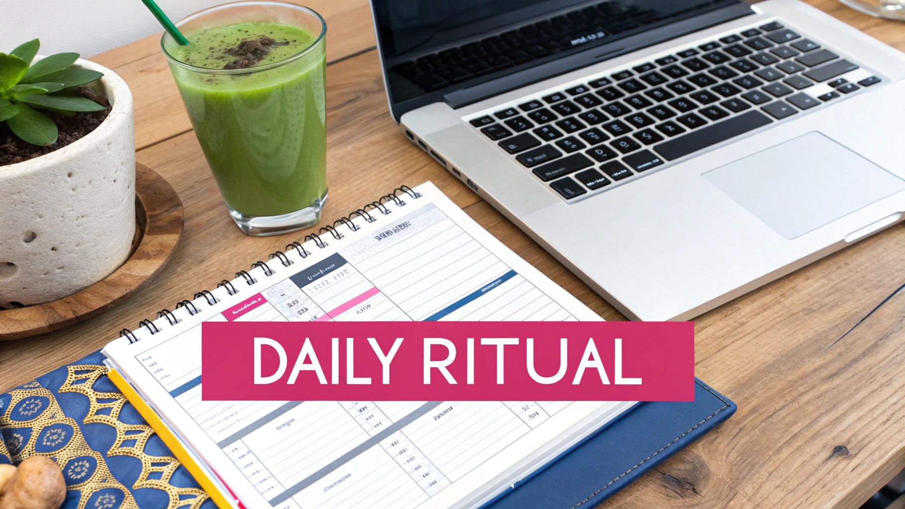 A green smoothie, potted plant, and open planner on a wooden desk next to a laptop.