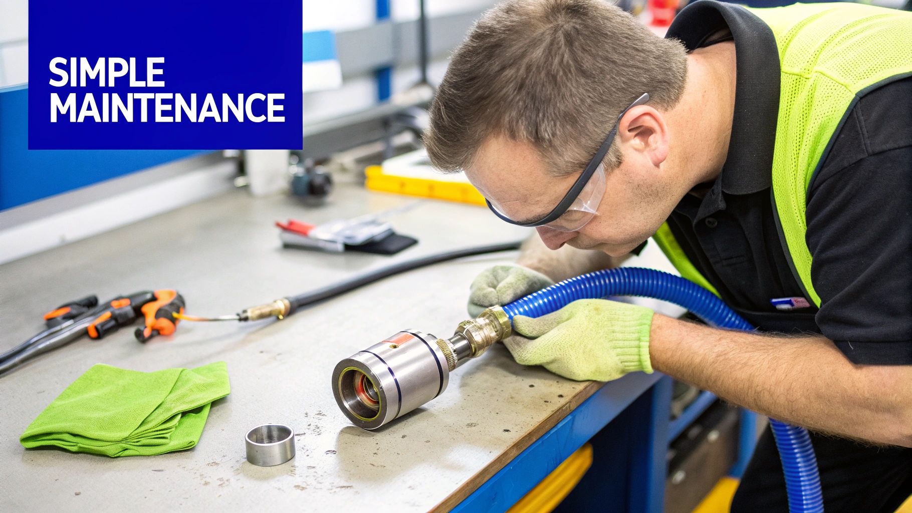 A man in safety gear performs simple maintenance on a vacuum hose adapter at a workbench.
