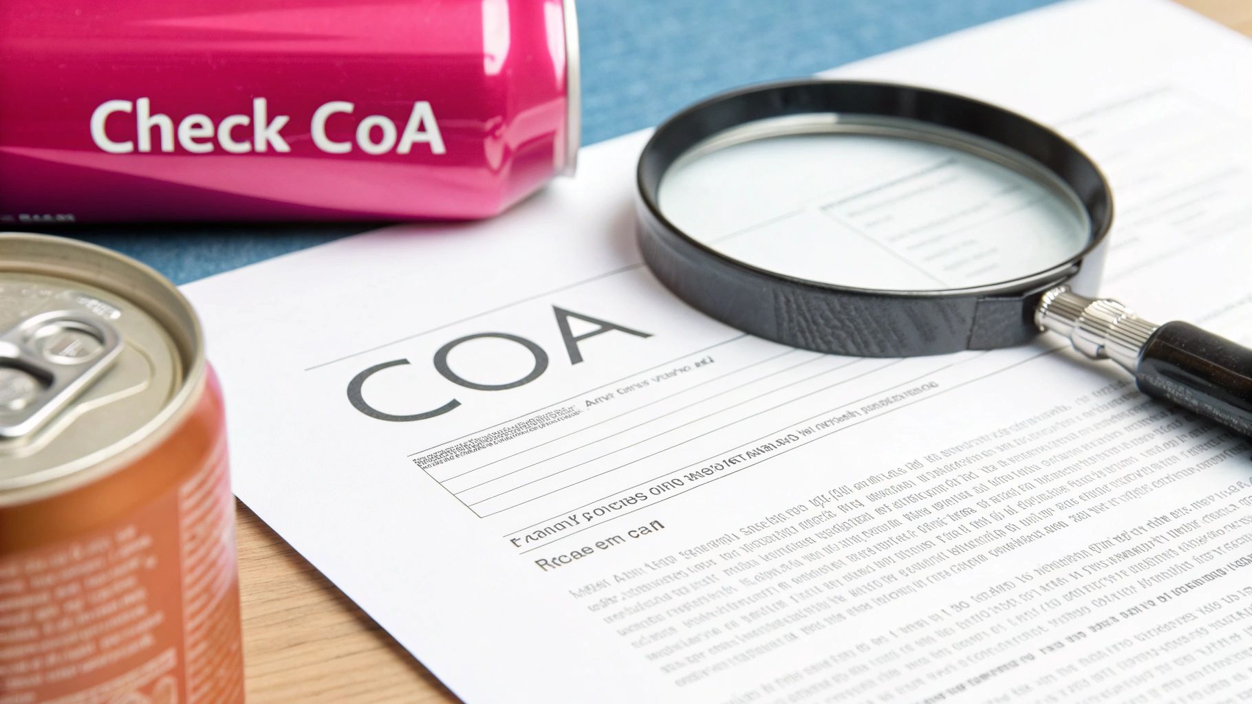 A pink can displaying 'Check CoA' next to another can, with a magnifying glass examining a document labeled 'COA'.