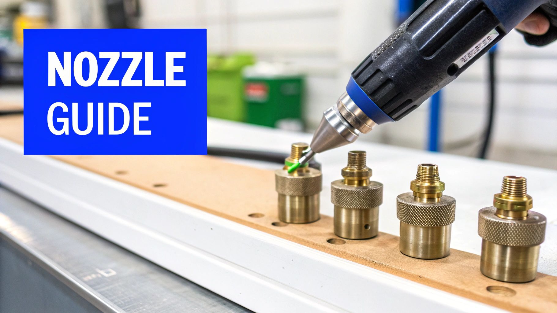 A hand holding a hot air gun points at brass nozzles on a wooden board, with 'NOZZLE GUIDE' text.
