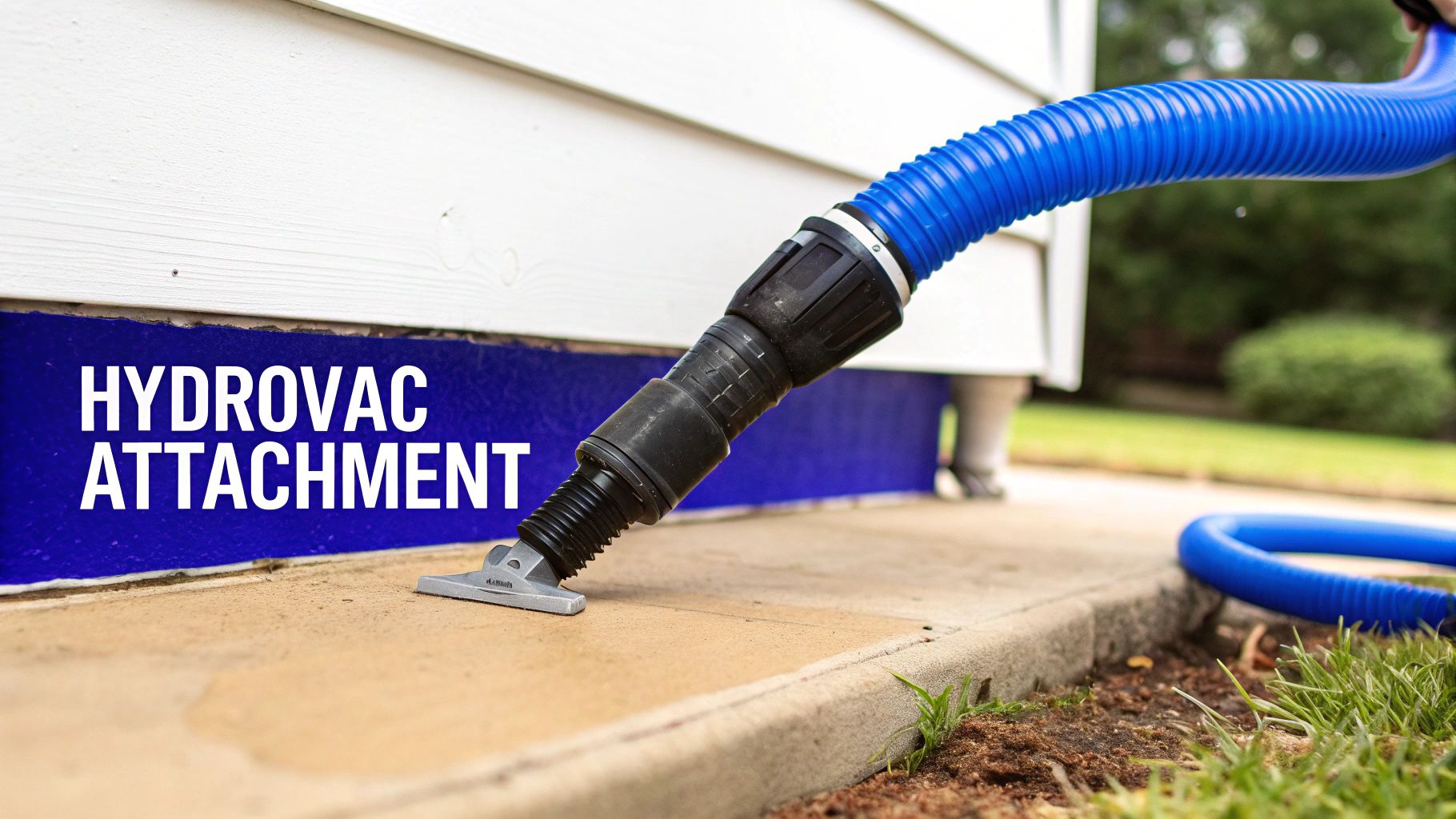 A hydrovac attachment with a blue hose is cleaning along the foundation of a house.