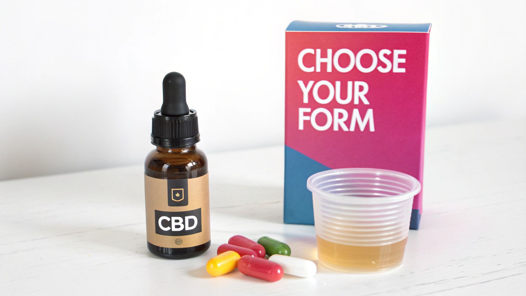 An amber CBD oil dropper bottle, colorful capsules, a liquid-filled cup, and a "Choose Your Form" box.
