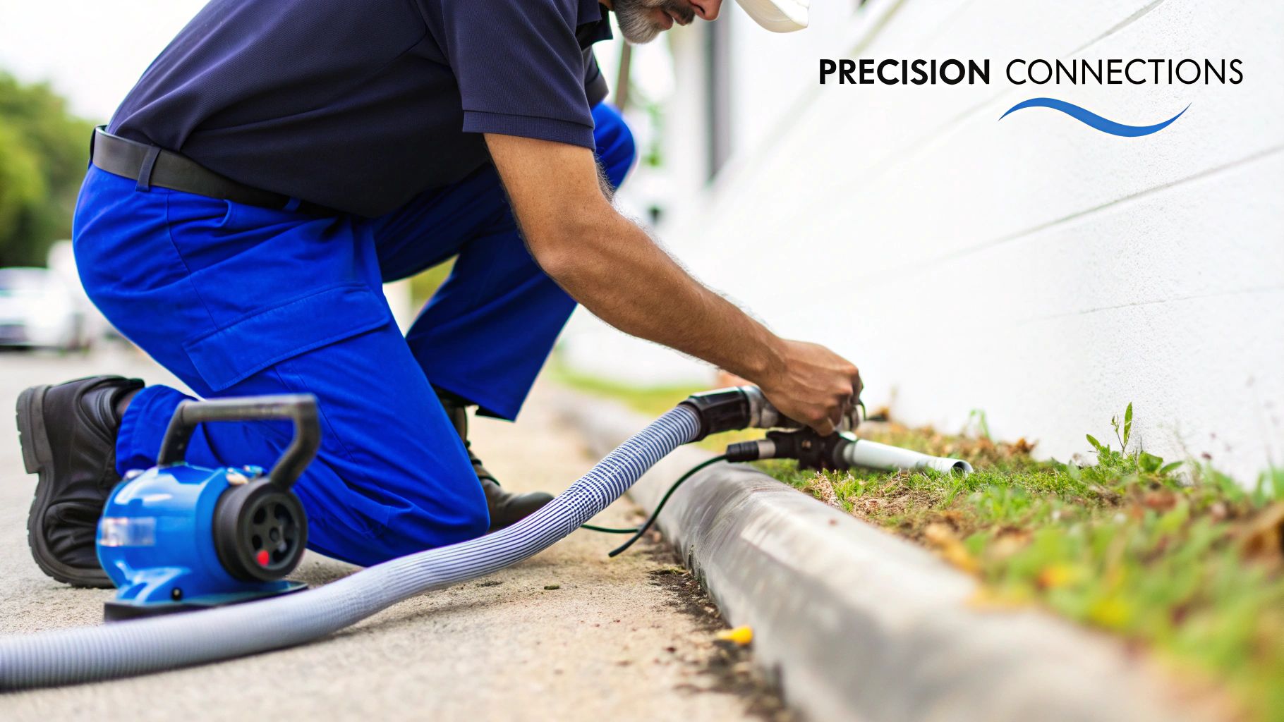 Professional technician using shop vac with hose attachment for gutter cleaning maintenance work