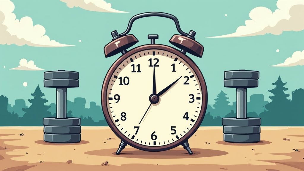 an illustration of a clock with dumbells on both sides of it in front of a blue sky background
