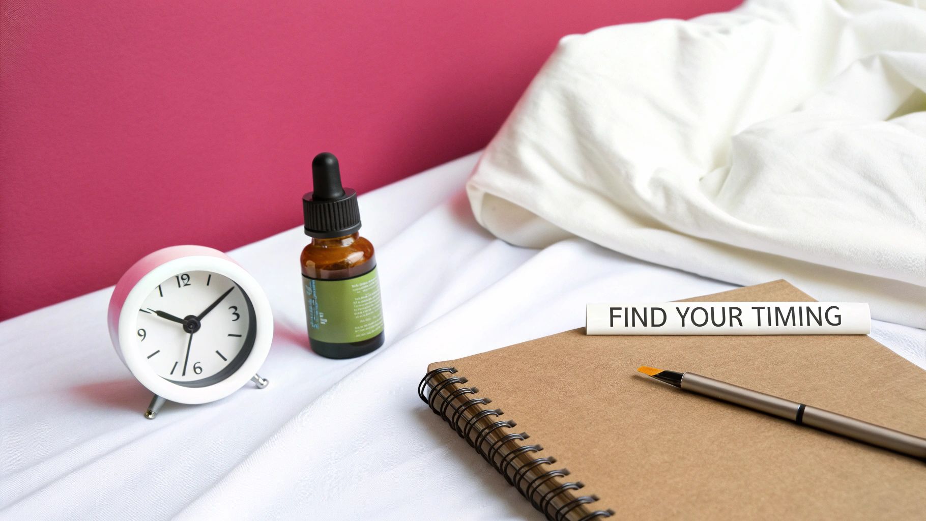An alarm clock, dropper bottle, notebook, and pen on a bed with a 'FIND YOUR TIMING' sign.
