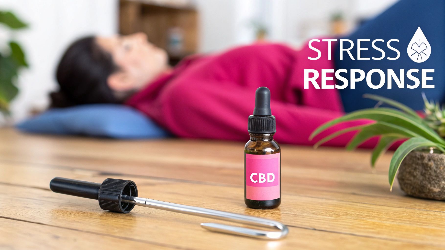 A woman relaxing while a CBD oil bottle and dropper sit on a wooden table with 'STRESS RESPONSE' text.