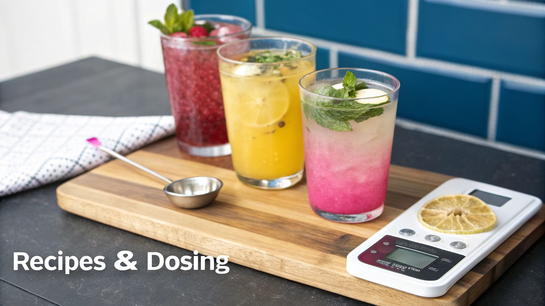 Colorful infused drinks ready for preparation, with measuring tools on a wooden surface for precise dosing.