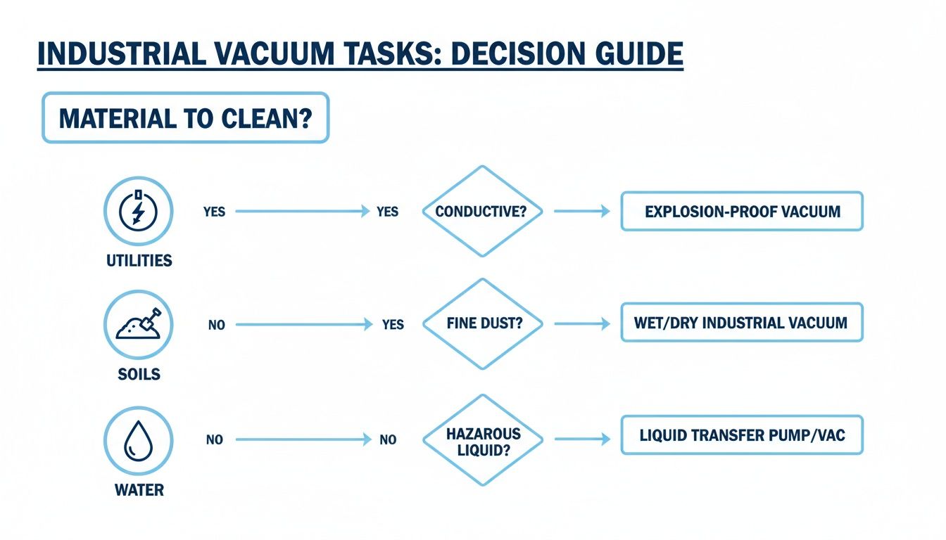 Flowchart illustrating industrial vacuum task selection, guiding users based on material type and properties like conductivity.