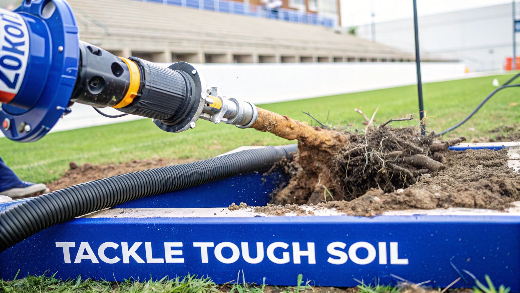 A powerful blue and black sewer jetter nozzle extracting a large root ball from tough soil.