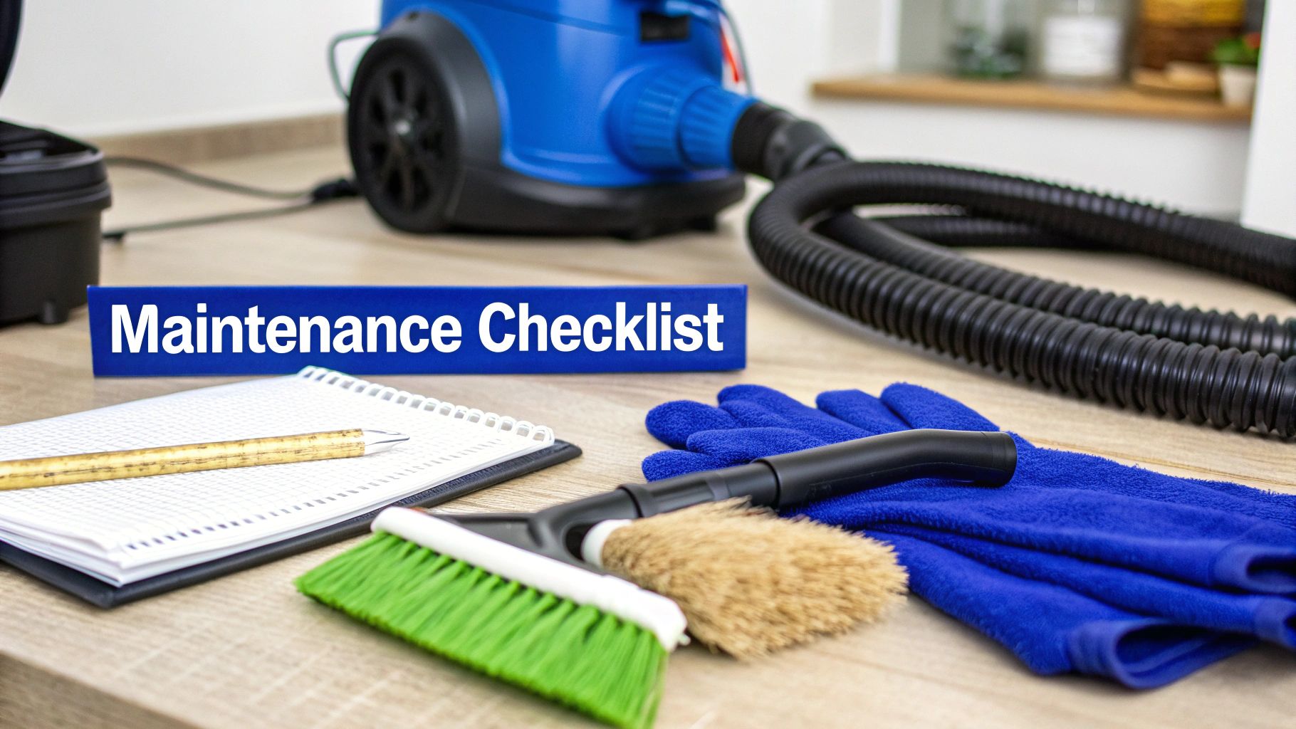 A blue "Maintenance Checklist" sign, notebook, cleaning brushes, gloves, and vacuum cleaner on a wooden table.