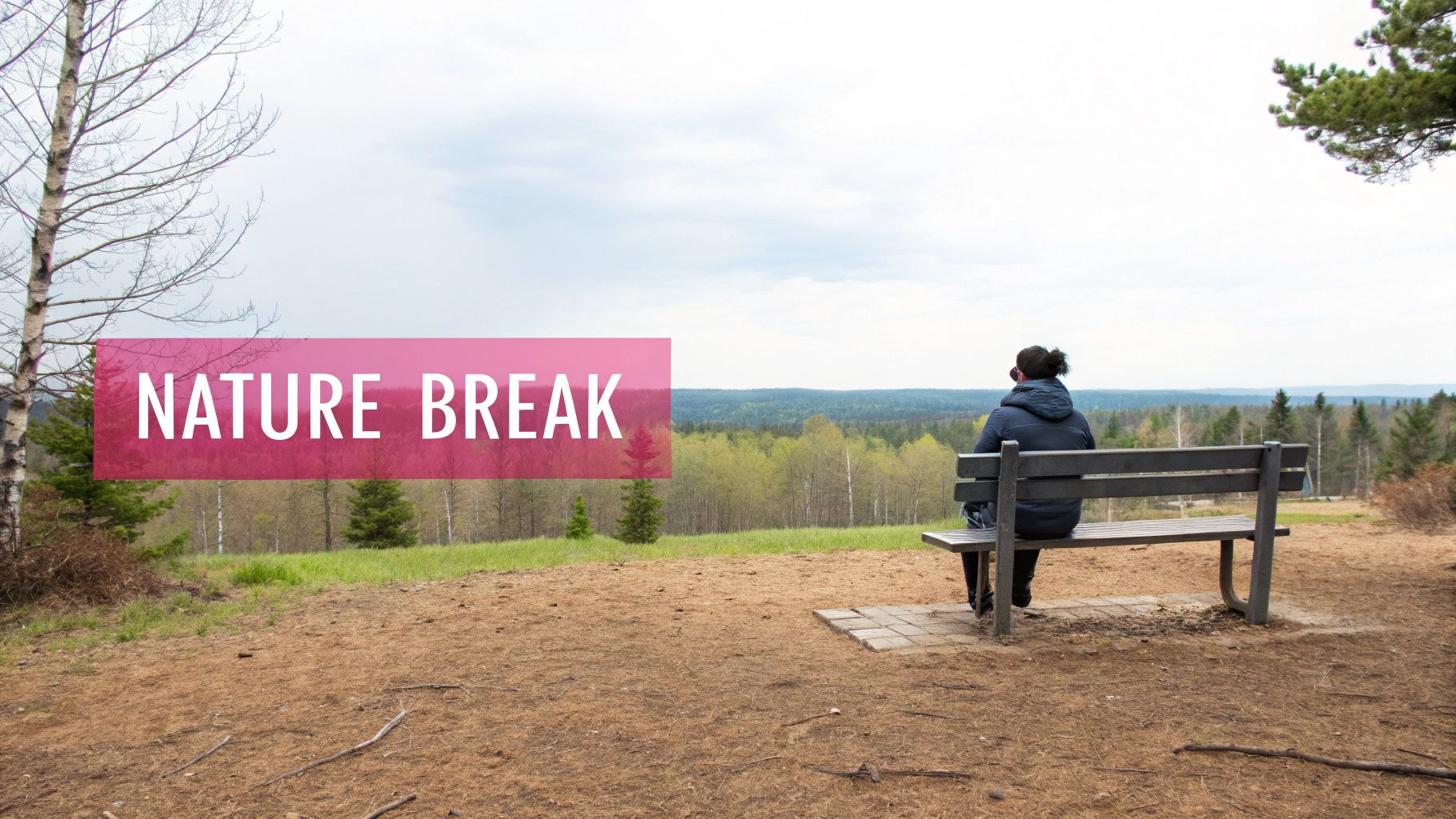 A person sits on a bench overlooking a vast forest landscape, with 'NATURE BREAK' text.