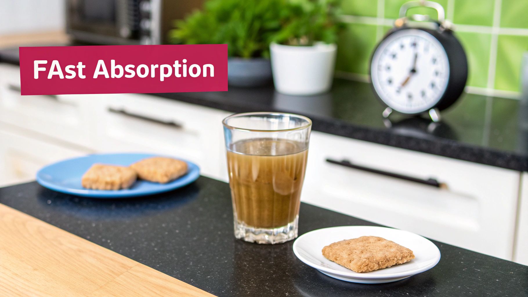 Kitchen counter with a drink, biscuits, and a red banner displaying 'FAst Absorption'.
