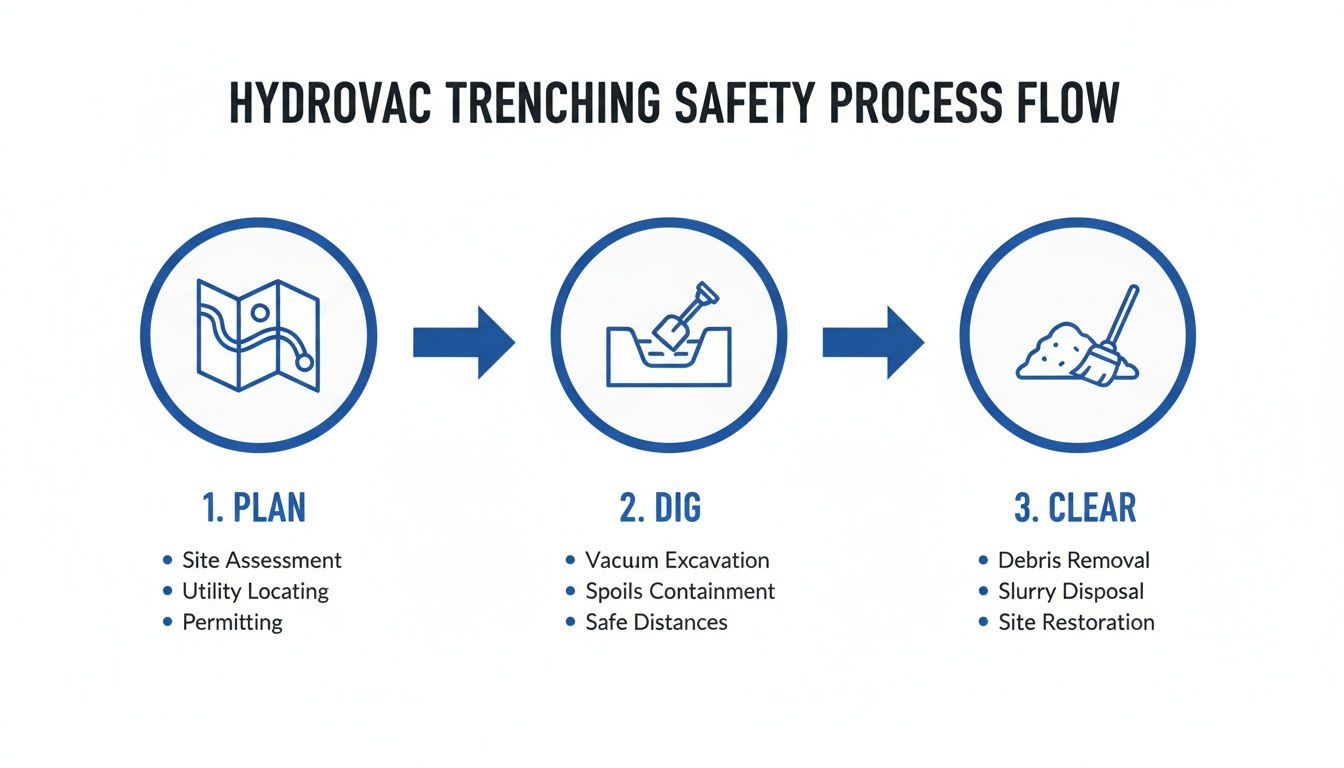 Flowchart outlining the three-step hydrovac trenching safety process: Plan, Dig, and Clear.